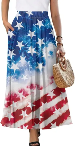 Women Flowy Long Skirts Summer Beach Pleated Elastic High Waisted Casual Maxi Skirts with Pockets Size S-2XL