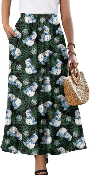 Women Flowy Long Skirts Summer Beach Pleated Elastic High Waisted Casual Maxi Skirts with Pockets Size S-2XL