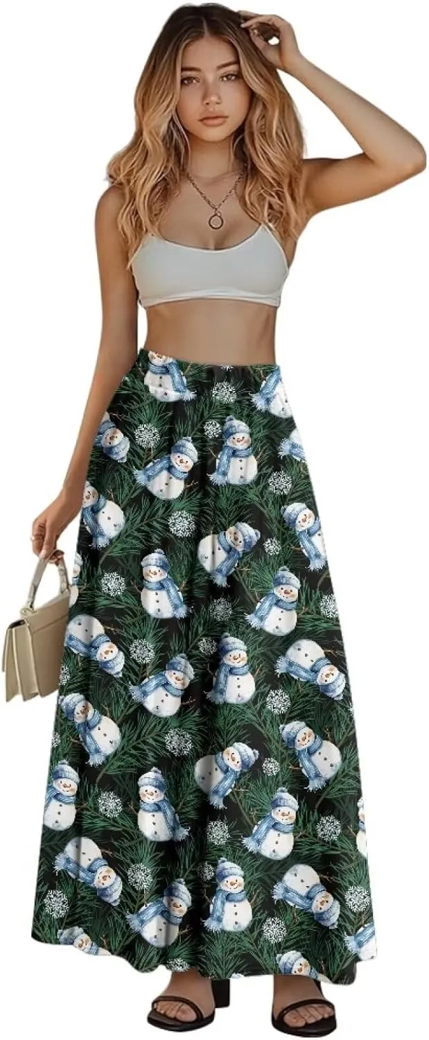 Women Flowy Long Skirts Summer Beach Pleated Elastic High Waisted Casual Maxi Skirts with Pockets Size S-2XL