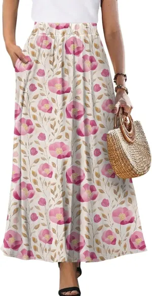Women Flowy Long Skirts Summer Beach Pleated Elastic High Waisted Casual Maxi Skirts with Pockets Size S-2XL