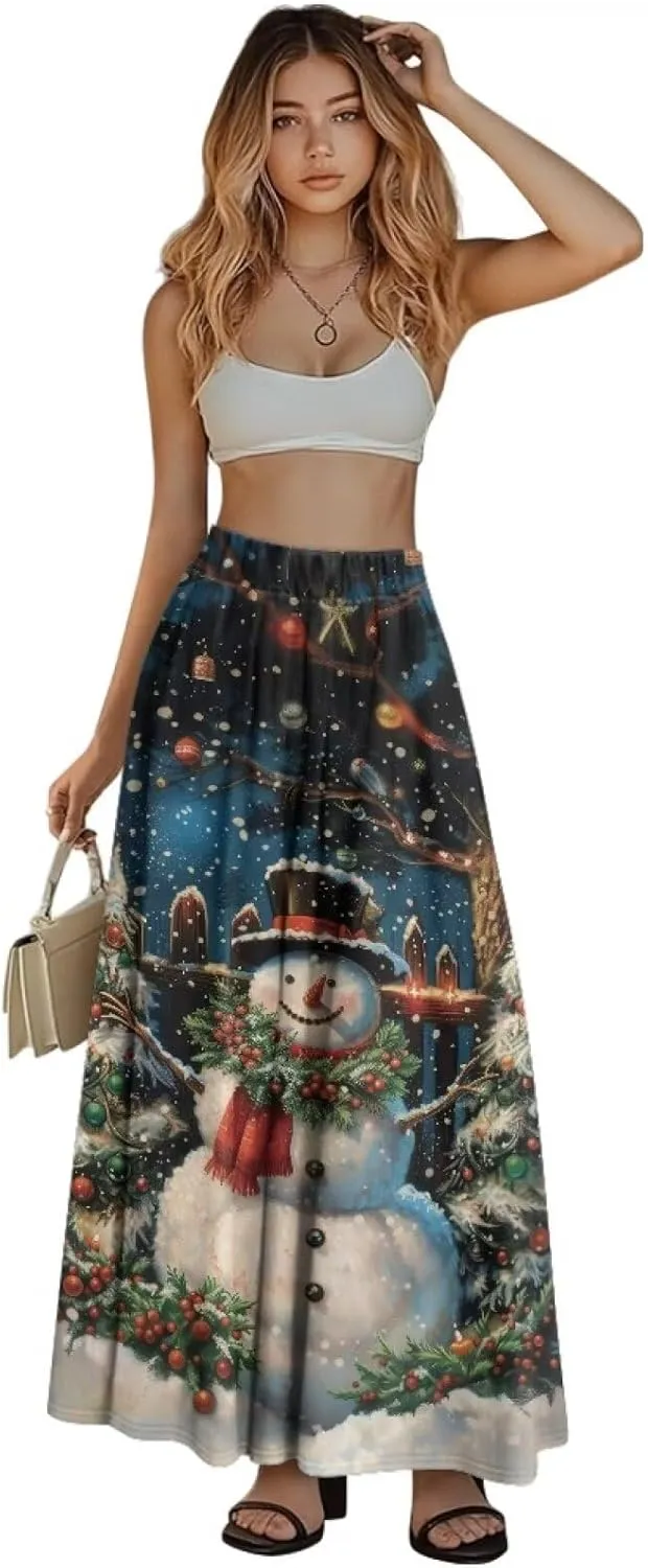 Women Flowy Long Skirts Summer Beach Pleated Elastic High Waisted Casual Maxi Skirts with Pockets Size S-2XL