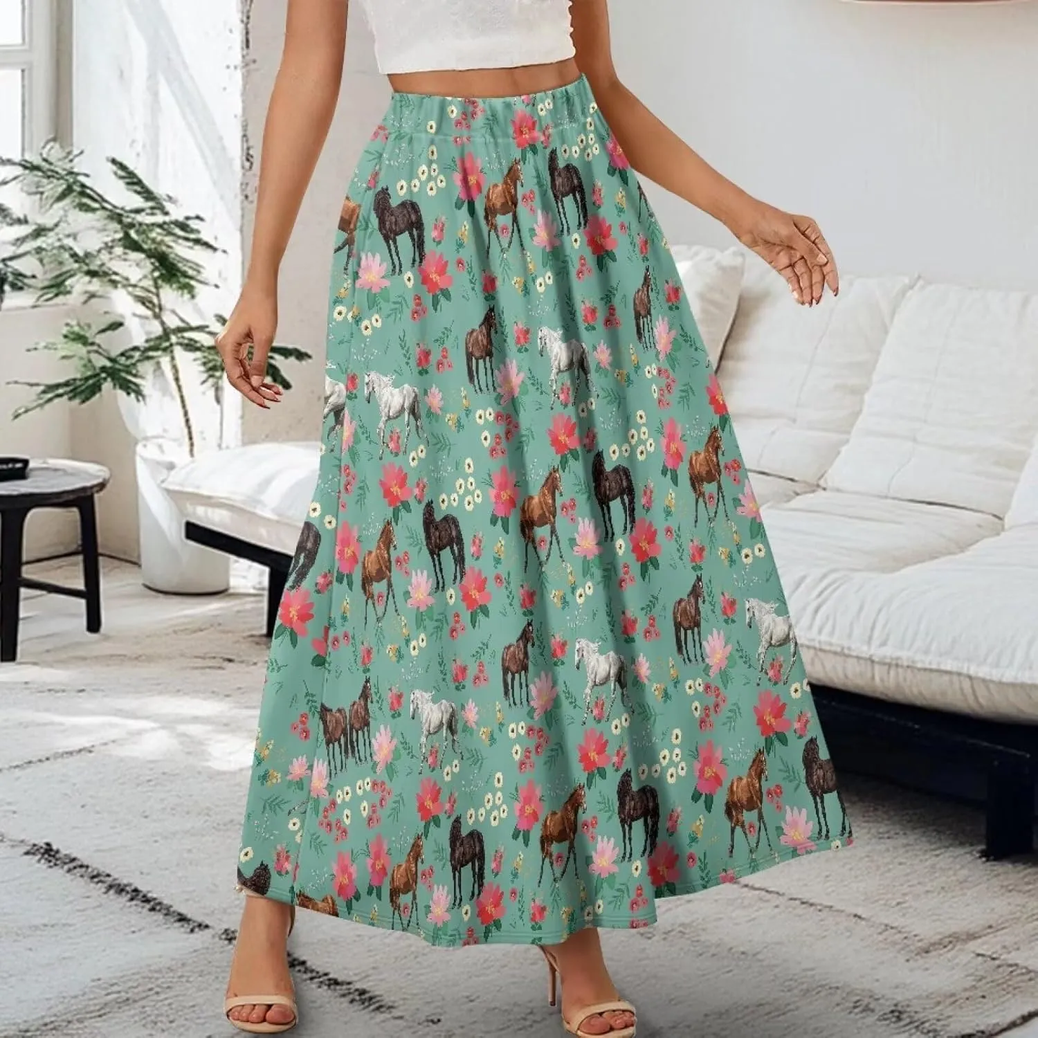 Women Flowy Long Skirts Summer Beach Pleated Elastic High Waisted Casual Maxi Skirts with Pockets Size S-2XL