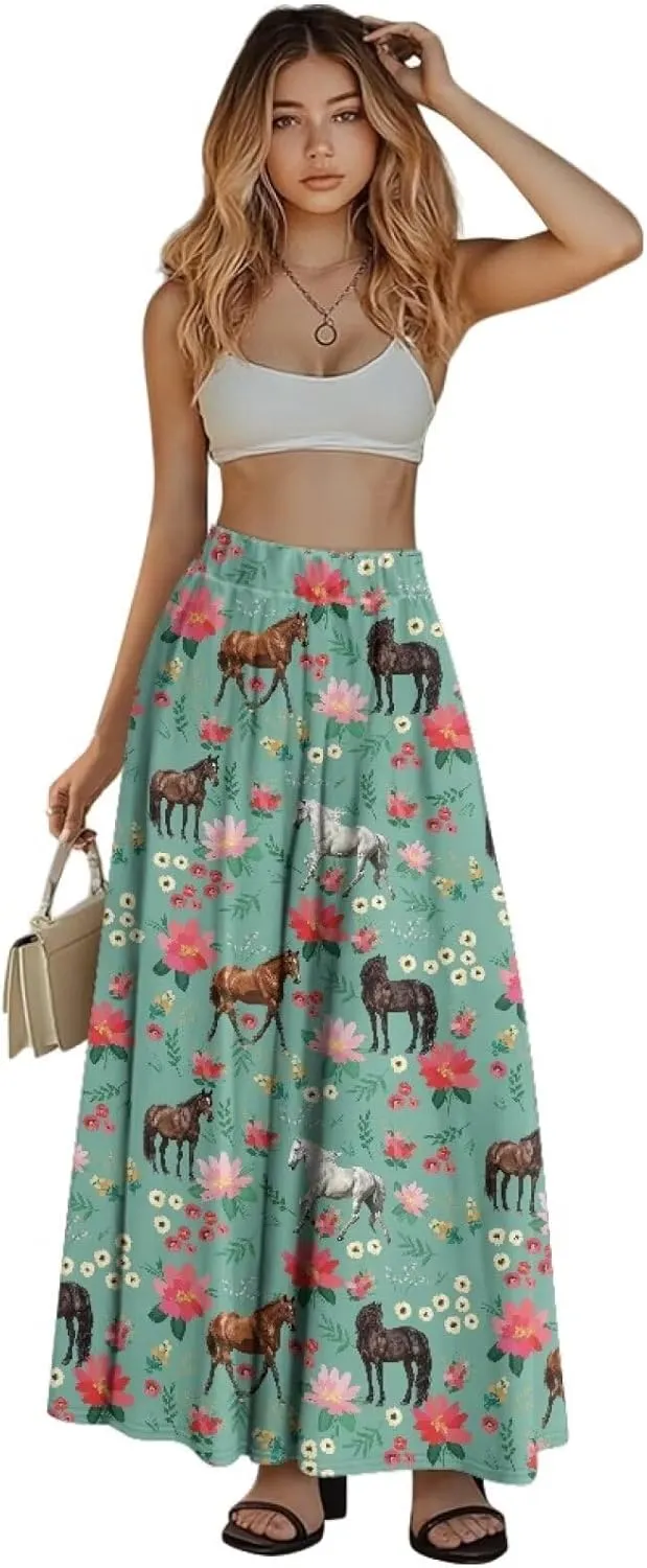 Women Flowy Long Skirts Summer Beach Pleated Elastic High Waisted Casual Maxi Skirts with Pockets Size S-2XL