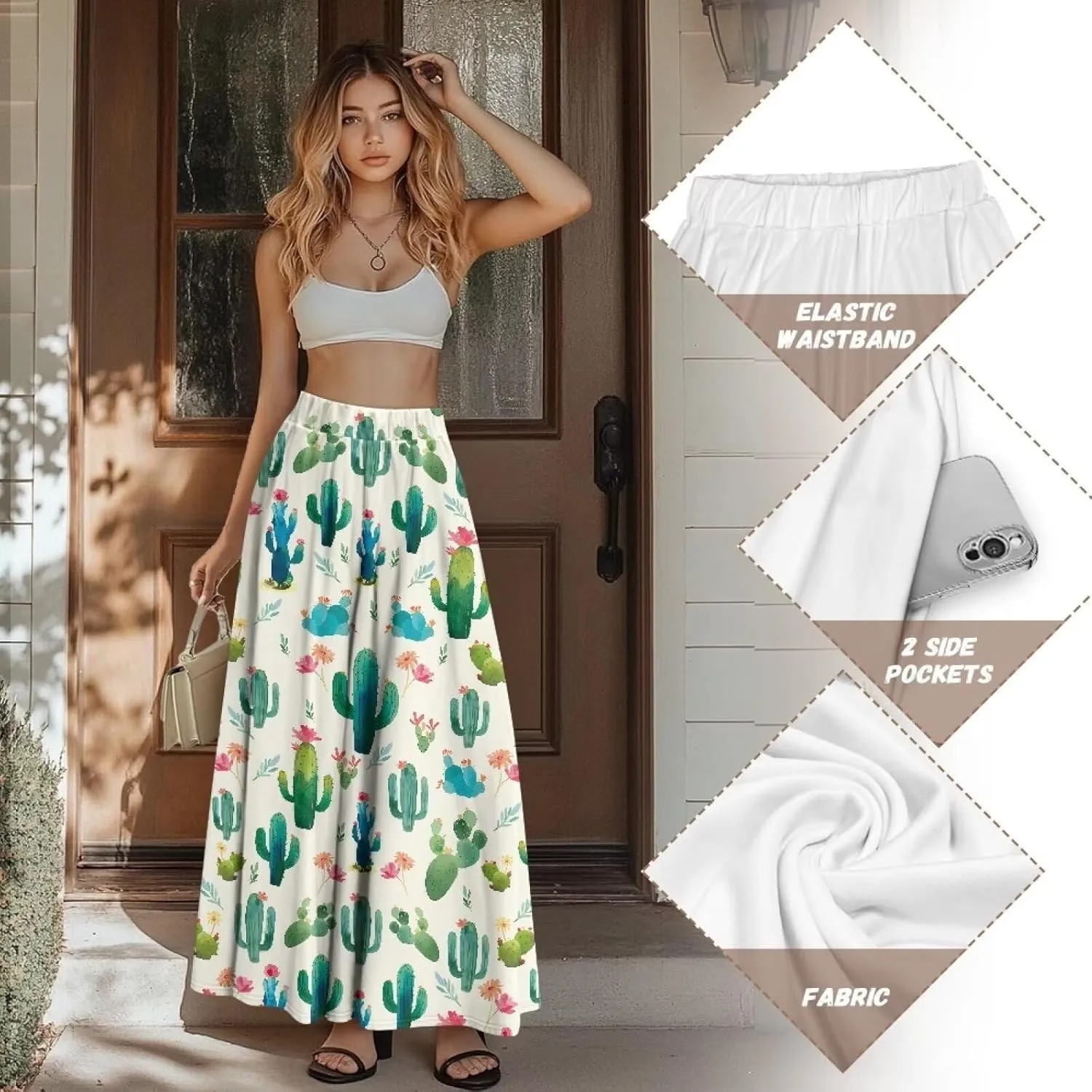 Women Flowy Long Skirts Summer Beach Pleated Elastic High Waisted Casual Maxi Skirts with Pockets Size S-2XL