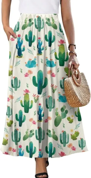 Women Flowy Long Skirts Summer Beach Pleated Elastic High Waisted Casual Maxi Skirts with Pockets Size S-2XL