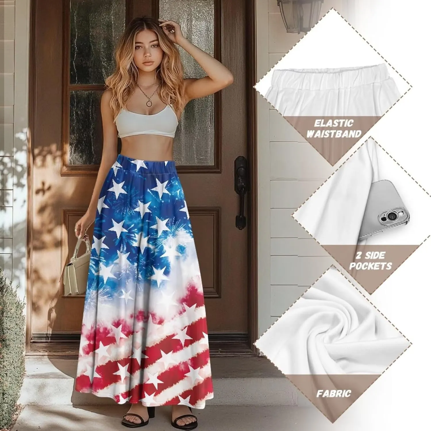 Women Flowy Long Skirts Summer Beach Pleated Elastic High Waisted Casual Maxi Skirts with Pockets Size S-2XL