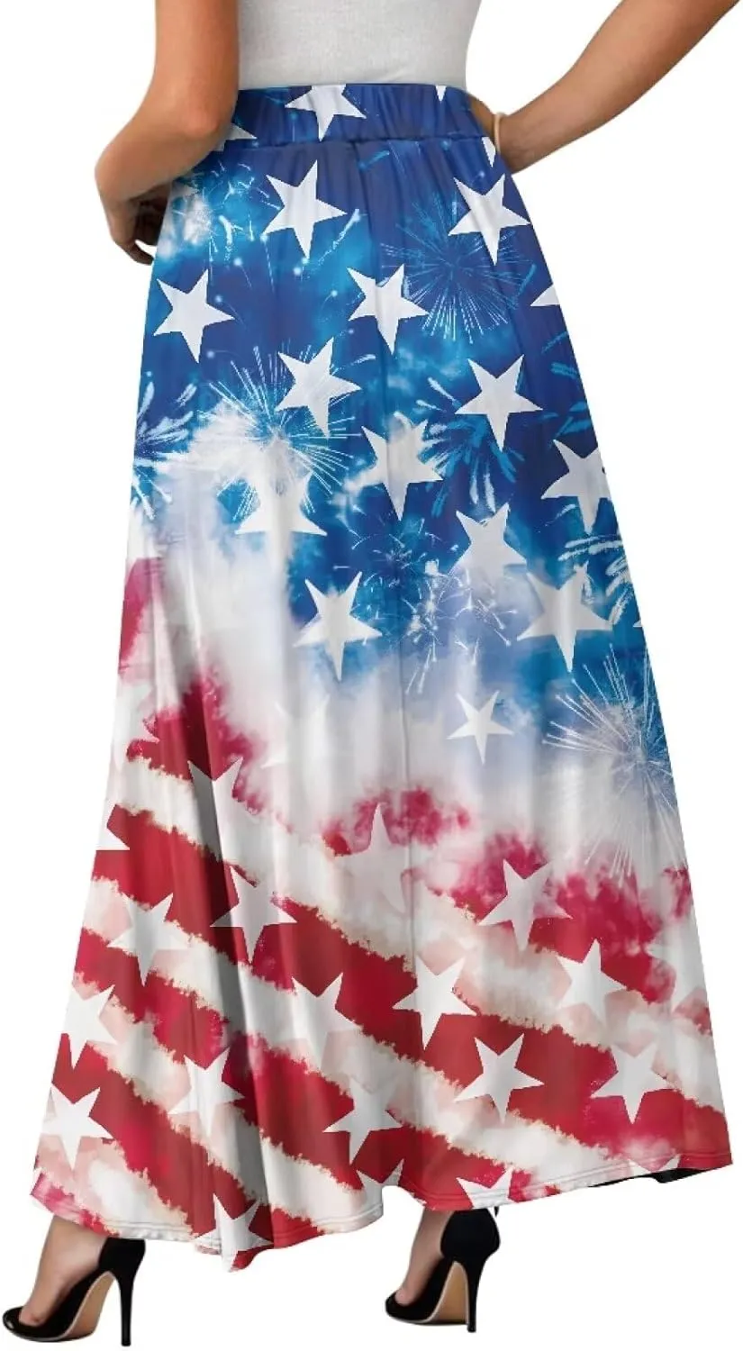 Women Flowy Long Skirts Summer Beach Pleated Elastic High Waisted Casual Maxi Skirts with Pockets Size S-2XL