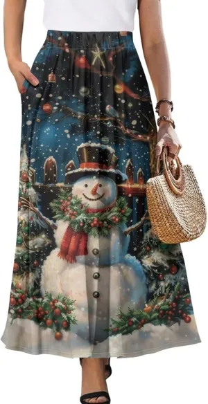 Women Flowy Long Skirts Summer Beach Pleated Elastic High Waisted Casual Maxi Skirts with Pockets Size S-2XL