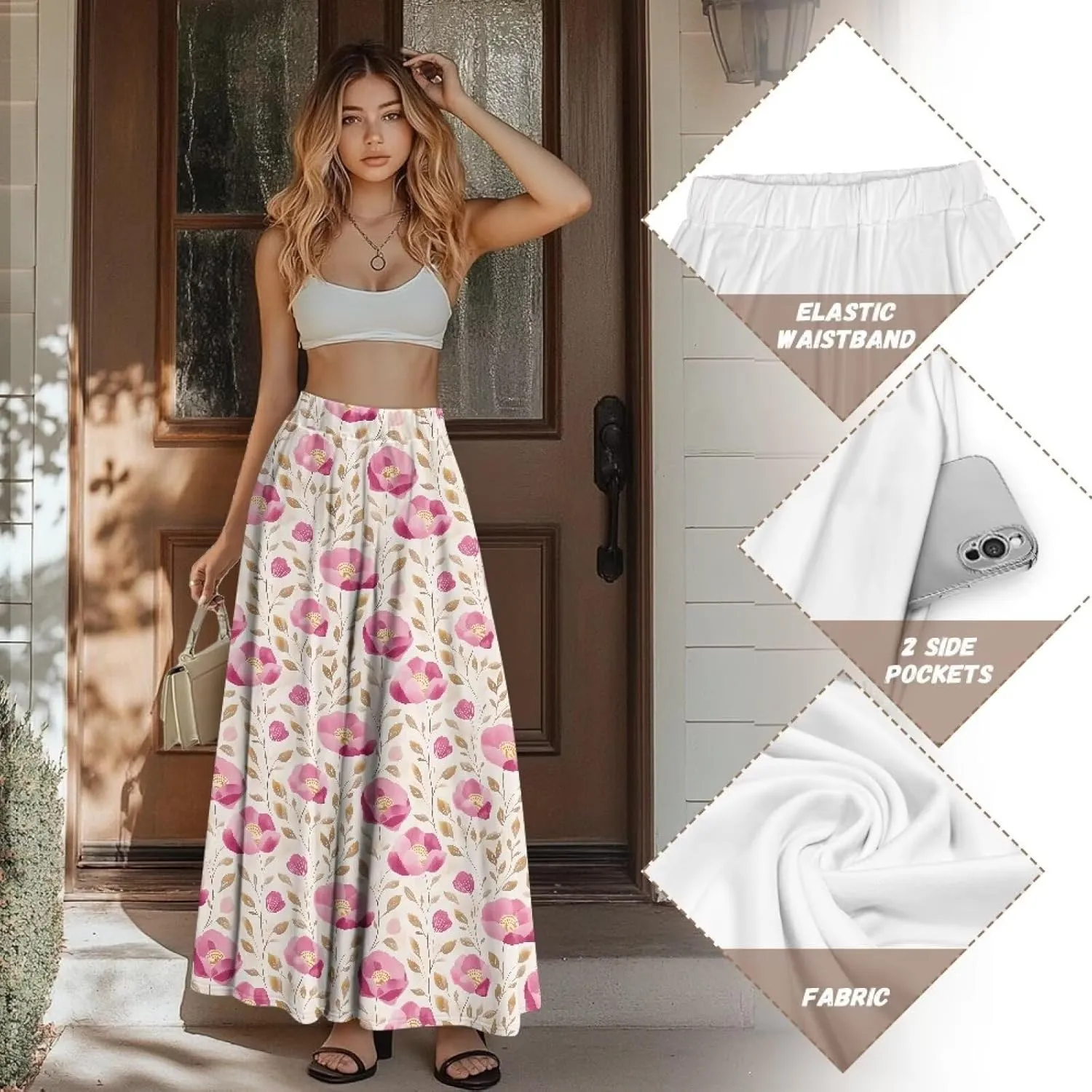 Women Flowy Long Skirts Summer Beach Pleated Elastic High Waisted Casual Maxi Skirts with Pockets Size S-2XL