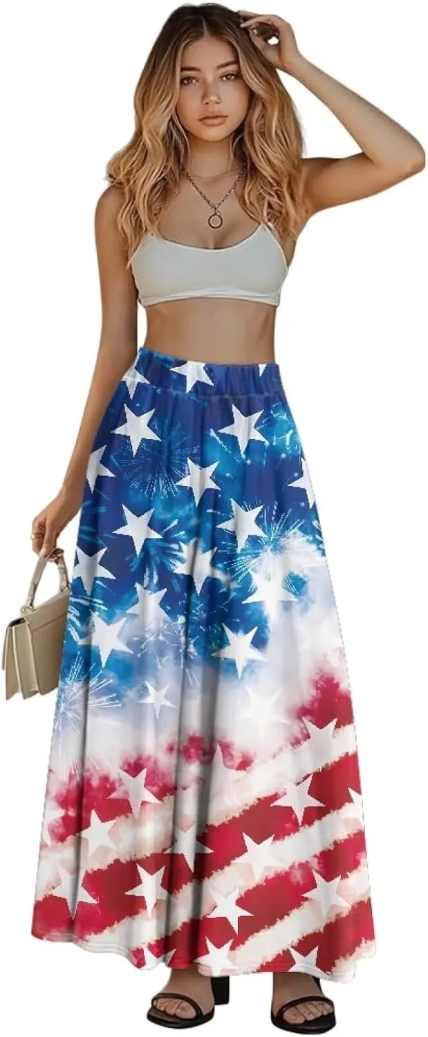 Women Flowy Long Skirts Summer Beach Pleated Elastic High Waisted Casual Maxi Skirts with Pockets Size S-2XL