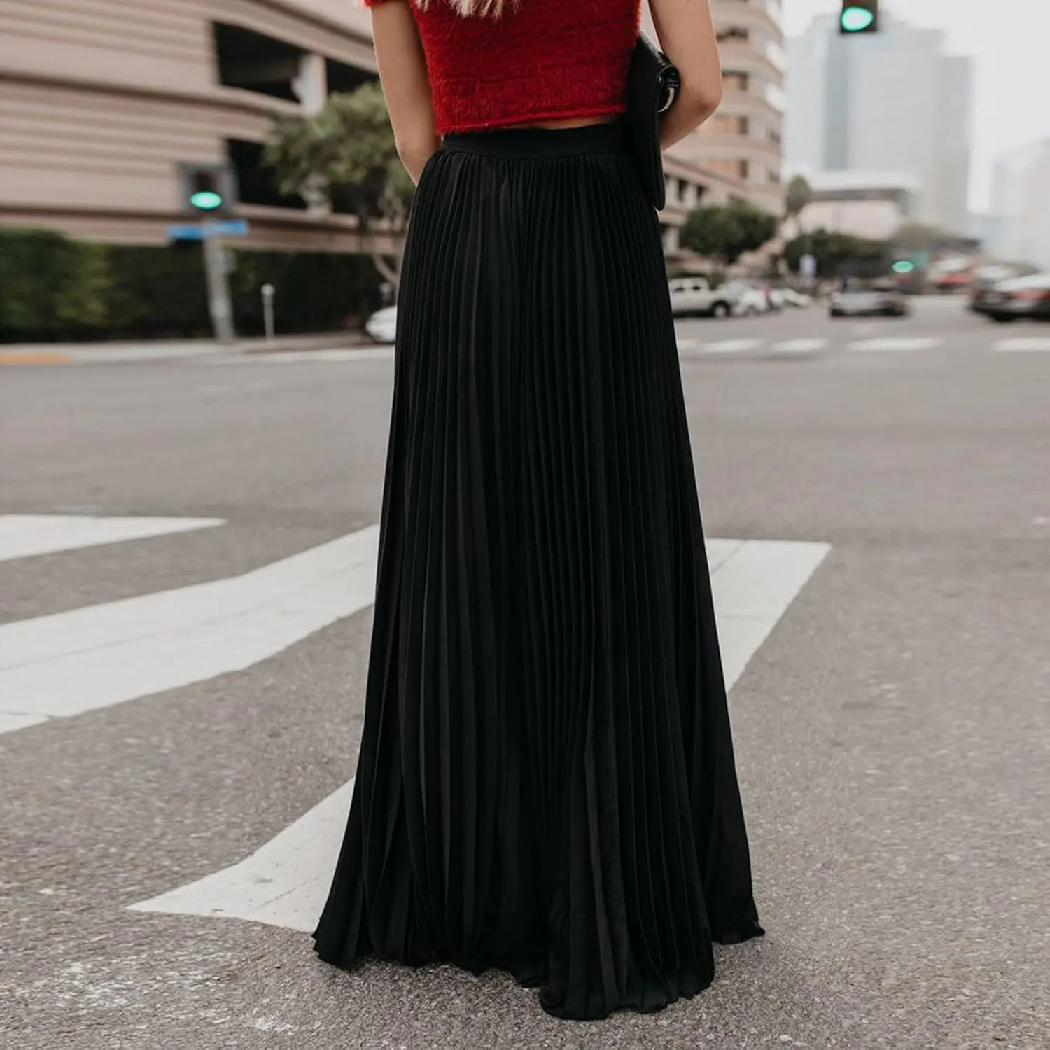 Women High Elastic Waist Pleated Skirt Maxi Swing A-line Skirts Summer Boho Long Beach Flowy Skirt Dress 2024 New
