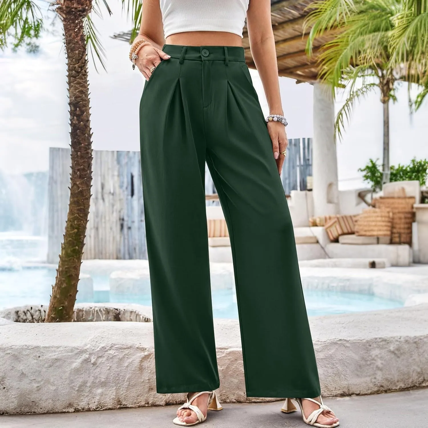 Women High Waist Business Casual Palazzo Trousers Button Down Loose Work Office Business Dress Pants Suit Pant