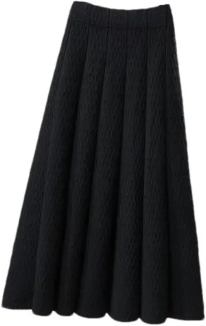 Women High Waist Knitted Midi Skirt Simple Solid Pleated Skirts Med-Long A-Line Midi Skirt Black S