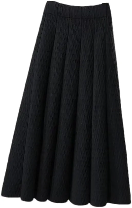 Women High Waist Knitted Midi Skirt Simple Solid Pleated Skirts Med-Long A-Line Midi Skirt Black S