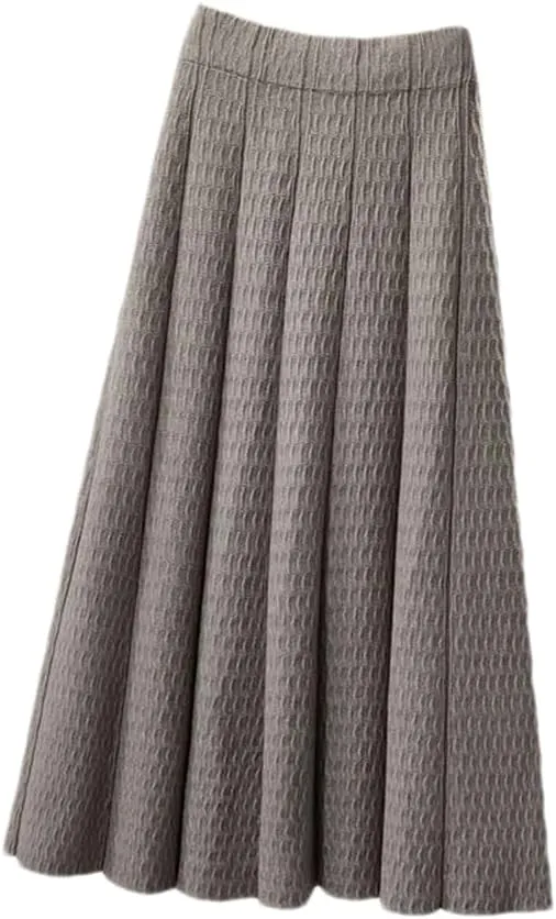 Women High Waist Knitted Midi Skirt Simple Solid Pleated Skirts Med-Long A-Line Midi Skirt gray9 M