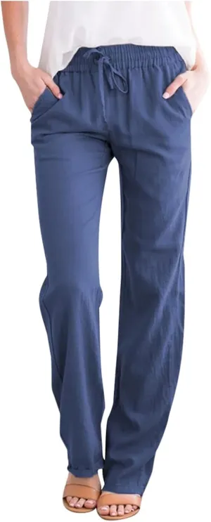 Women High Waist Linen Pant Trendy Boho Flowy Straight Leg Cuffed Trousers Hip Hop Athletic Palazzo Casual Sweatpants