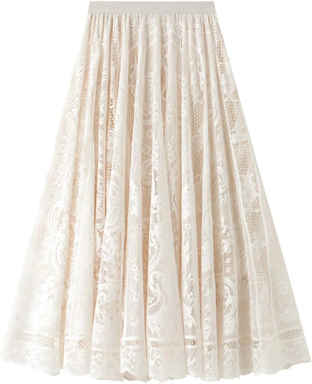Women High Waist Pleated A-Line Lace Midi Skirt Double Layers Party Skirt
