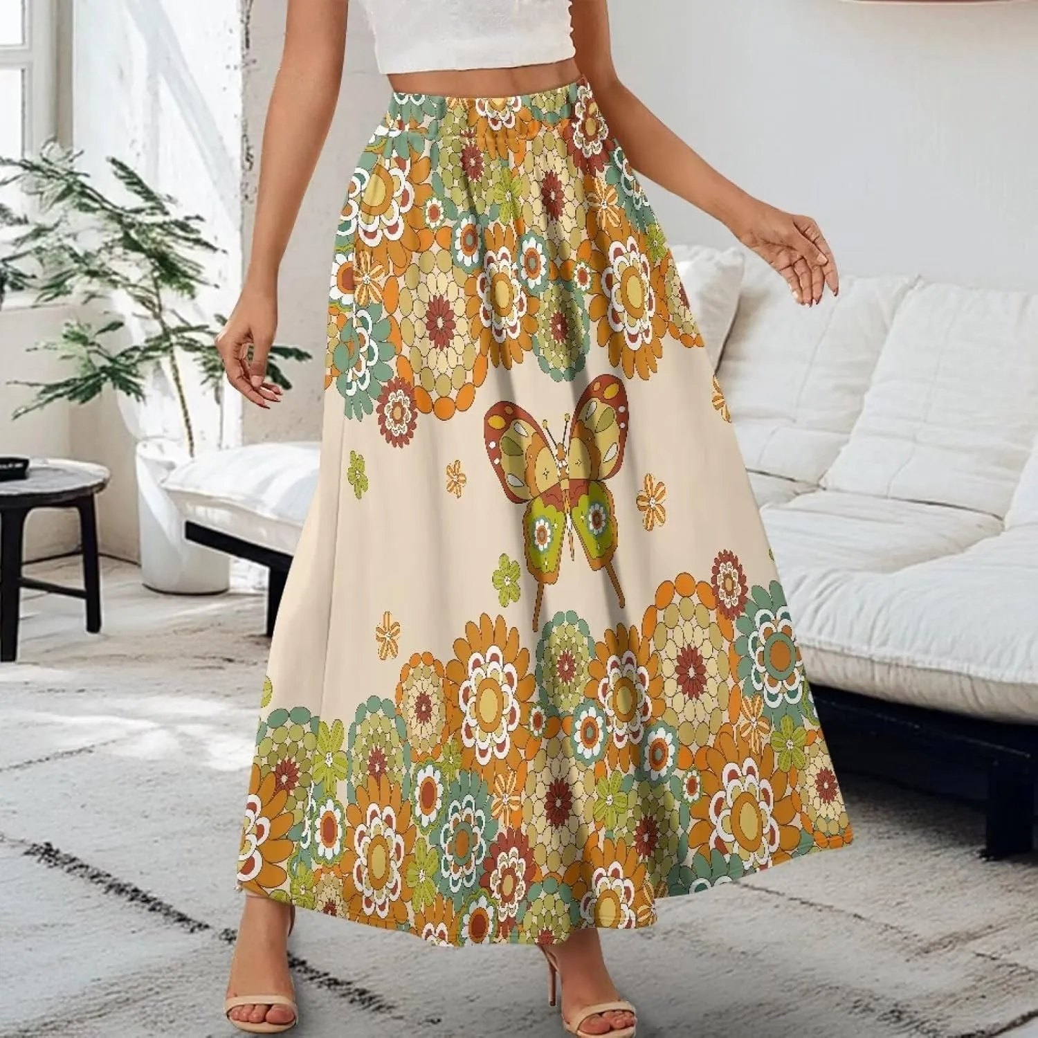 Women High Waist Skirts A-Line Flowy Swing Midi Long Skirt with Pockets for Beach Holiday Travel Size S-2XL