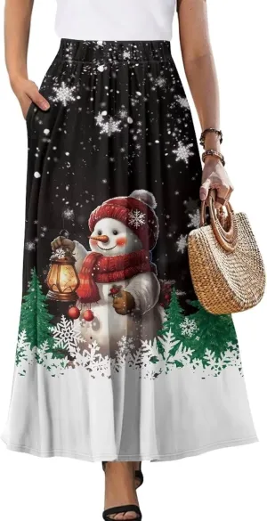 Women High Waist Skirts A-Line Flowy Swing Midi Long Skirt with Pockets for Beach Holiday Travel Size S-2XL