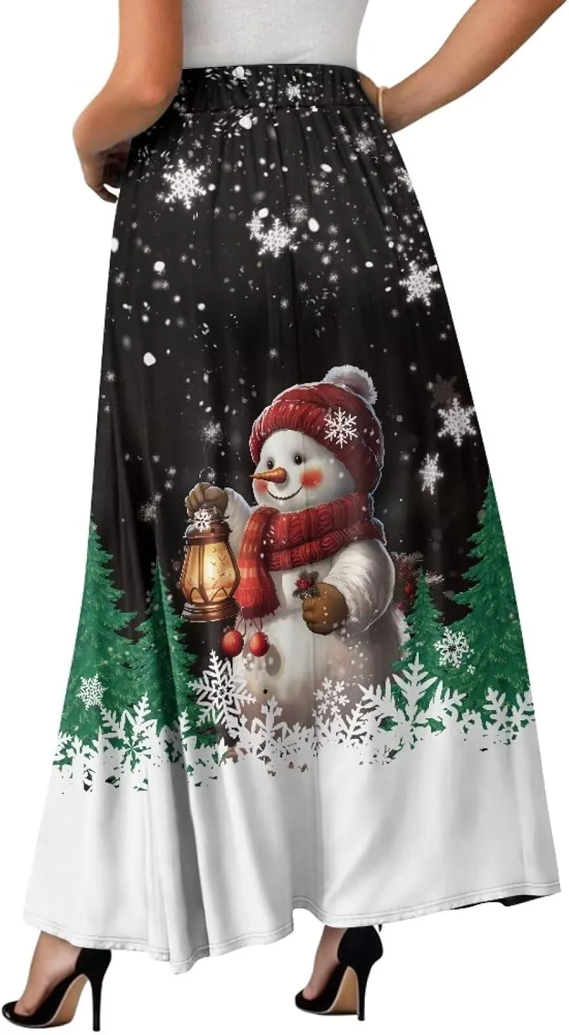 Women High Waist Skirts A-Line Flowy Swing Midi Long Skirt with Pockets for Beach Holiday Travel Size S-2XL