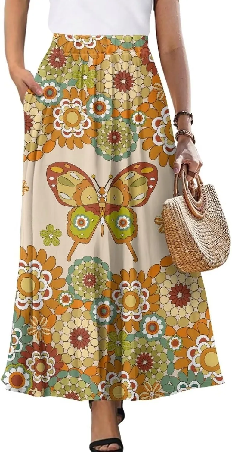 Women High Waist Skirts A-Line Flowy Swing Midi Long Skirt with Pockets for Beach Holiday Travel Size S-2XL