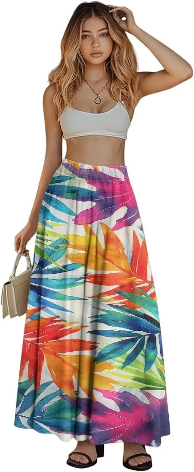Women High Waist Skirts A-Line Flowy Swing Midi Long Skirt with Pockets for Beach Holiday Travel Size S-2XL