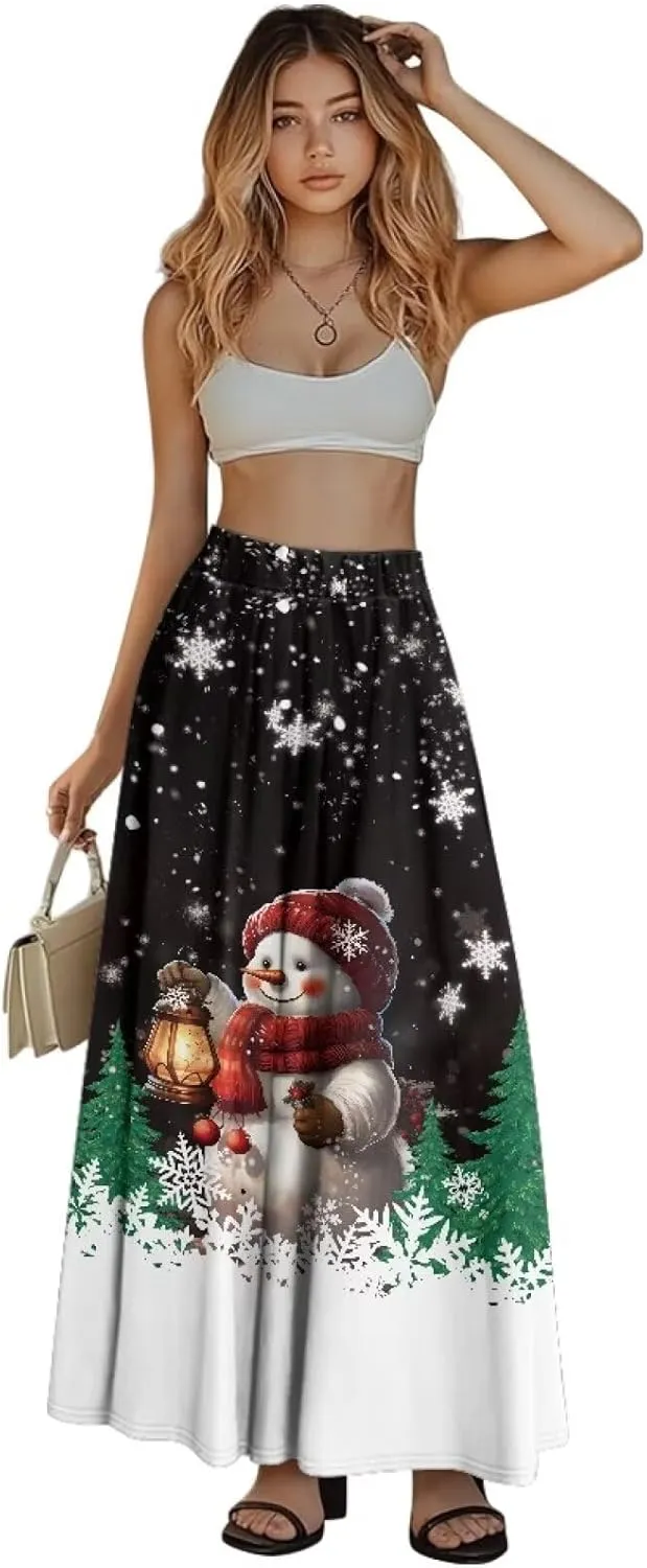 Women High Waist Skirts A-Line Flowy Swing Midi Long Skirt with Pockets for Beach Holiday Travel Size S-2XL