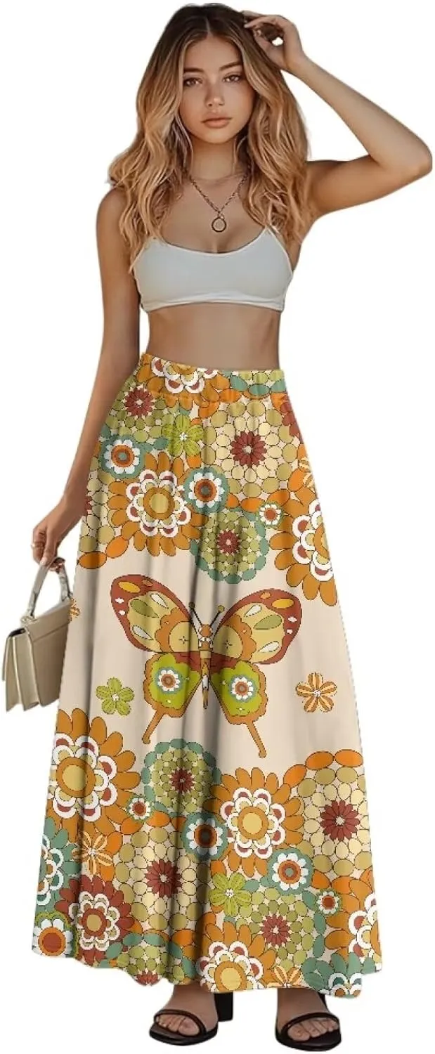 Women High Waist Skirts A-Line Flowy Swing Midi Long Skirt with Pockets for Beach Holiday Travel Size S-2XL