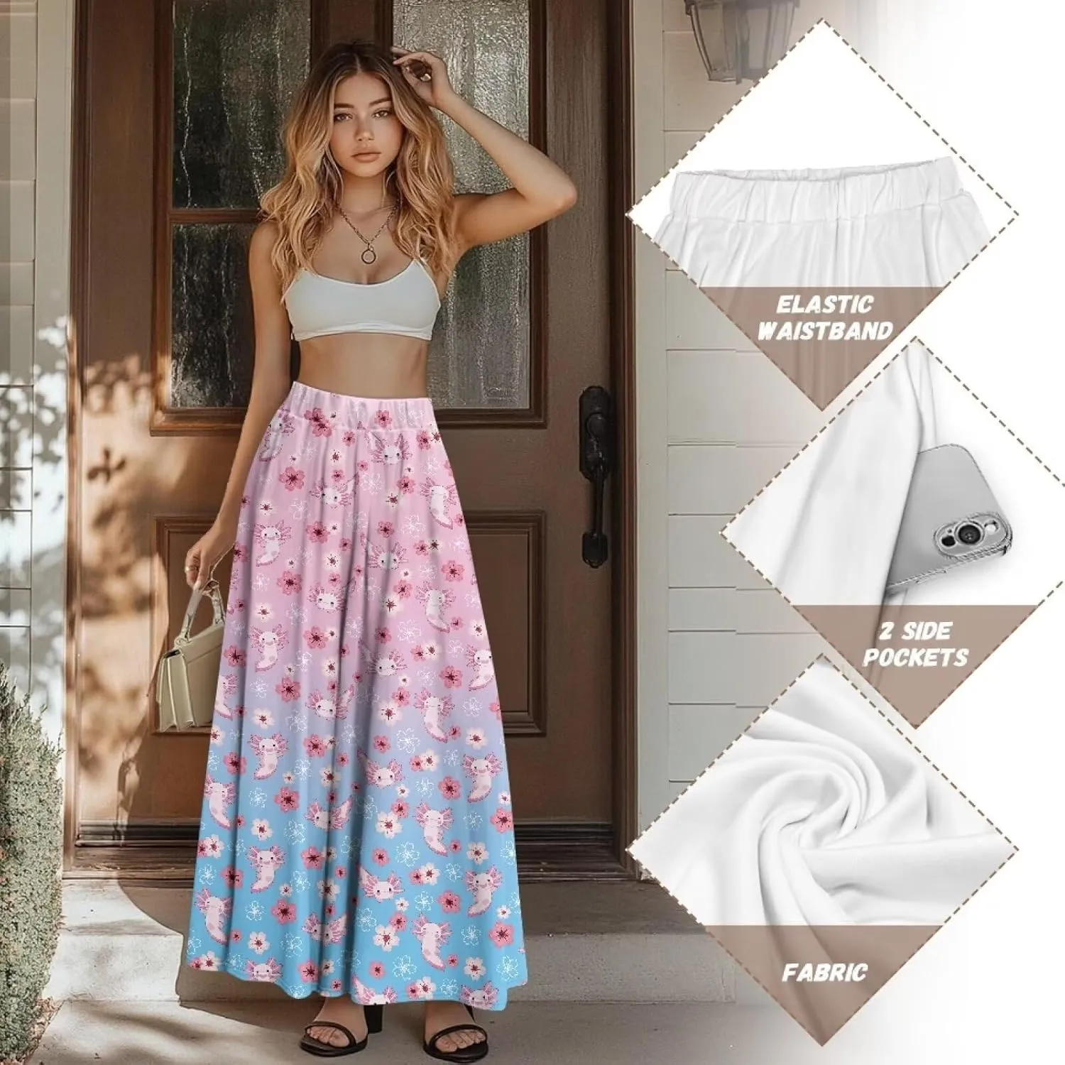 Women High Waist Skirts A-Line Flowy Swing Midi Long Skirt with Pockets for Beach Holiday Travel Size S-2XL