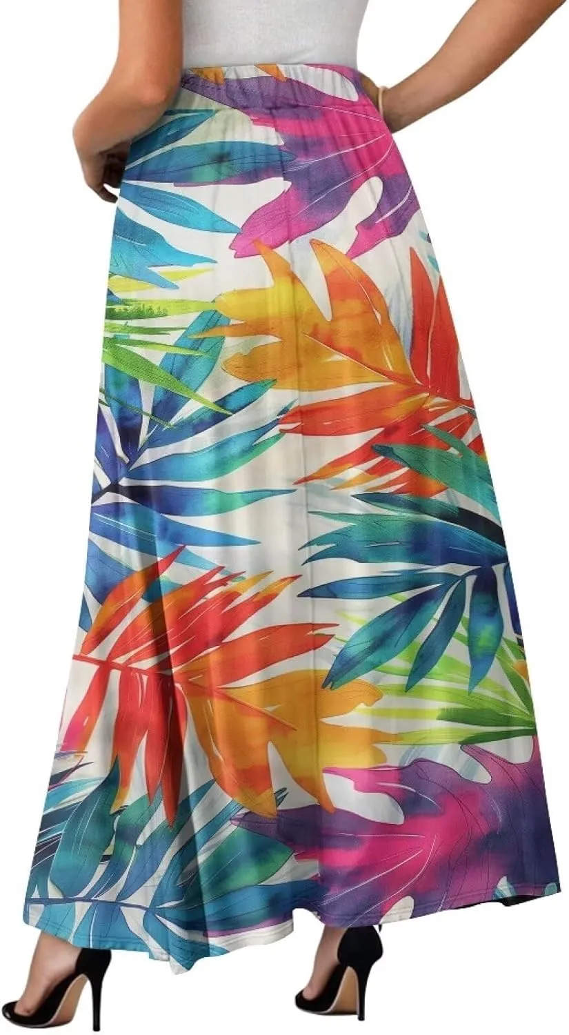 Women High Waist Skirts A-Line Flowy Swing Midi Long Skirt with Pockets for Beach Holiday Travel Size S-2XL