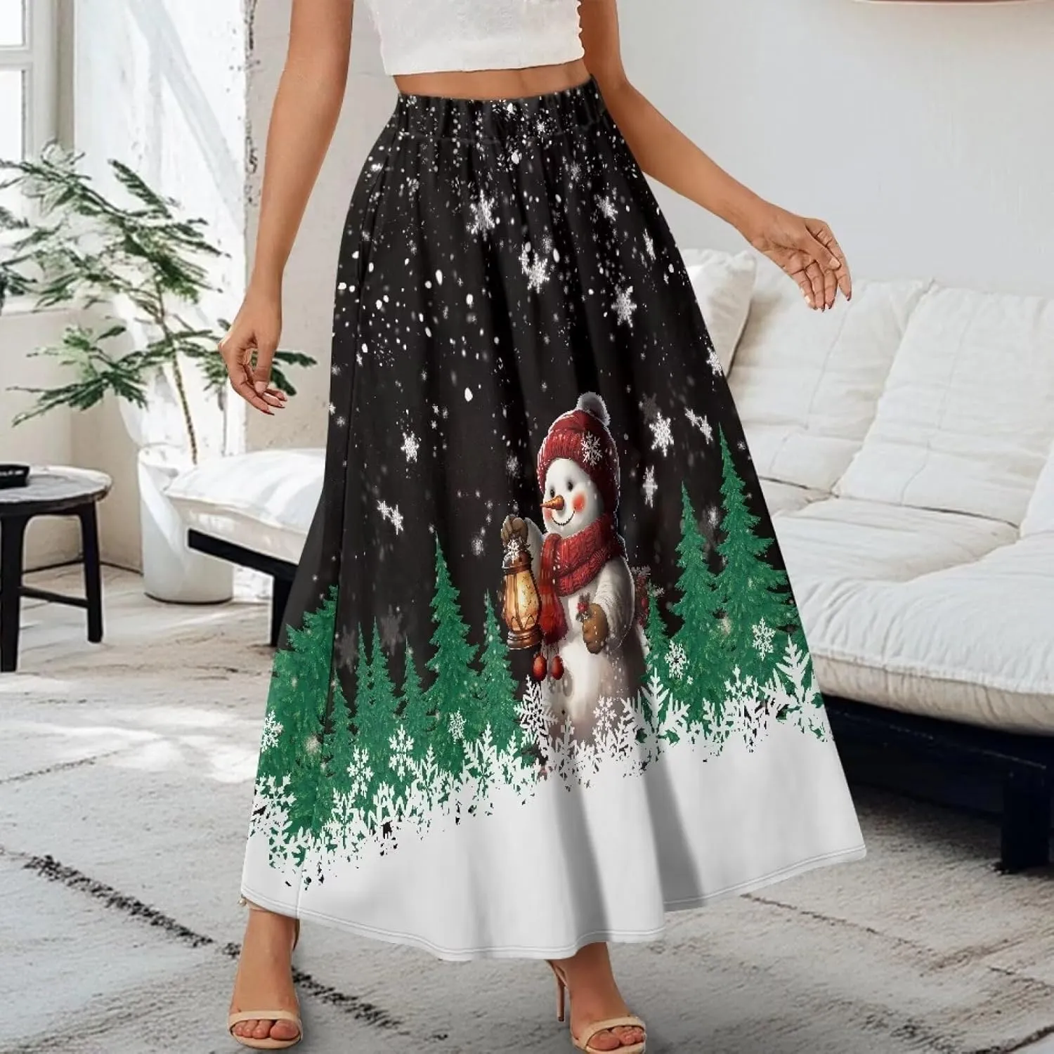 Women High Waist Skirts A-Line Flowy Swing Midi Long Skirt with Pockets for Beach Holiday Travel Size S-2XL