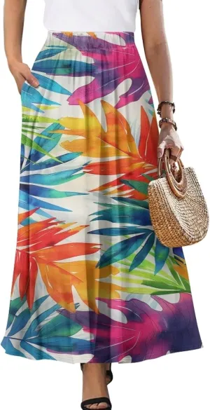 Women High Waist Skirts A-Line Flowy Swing Midi Long Skirt with Pockets for Beach Holiday Travel Size S-2XL