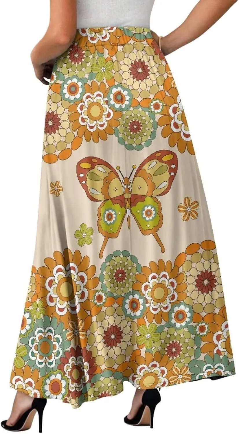 Women High Waist Skirts A-Line Flowy Swing Midi Long Skirt with Pockets for Beach Holiday Travel Size S-2XL