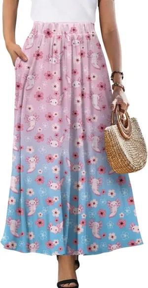Women High Waist Skirts A-Line Flowy Swing Midi Long Skirt with Pockets for Beach Holiday Travel Size S-2XL