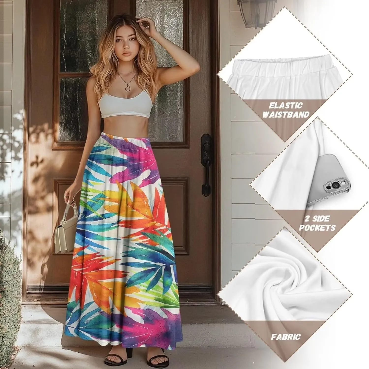 Women High Waist Skirts A-Line Flowy Swing Midi Long Skirt with Pockets for Beach Holiday Travel Size S-2XL