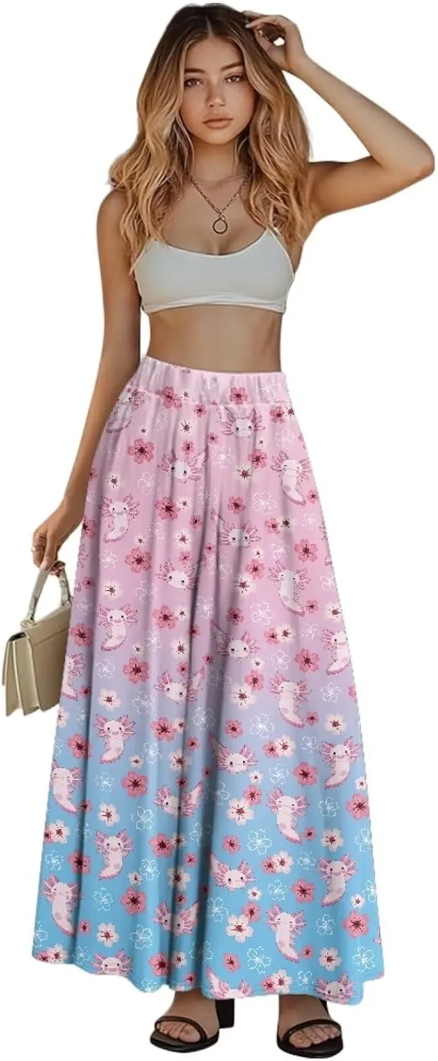 Women High Waist Skirts A-Line Flowy Swing Midi Long Skirt with Pockets for Beach Holiday Travel Size S-2XL