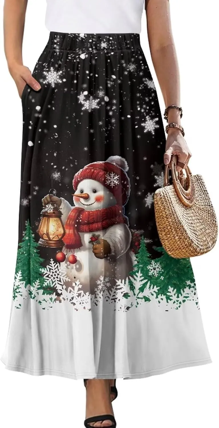 Women High Waist Skirts A-Line Flowy Swing Midi Long Skirt with Pockets for Beach Holiday Travel Size S-2XL