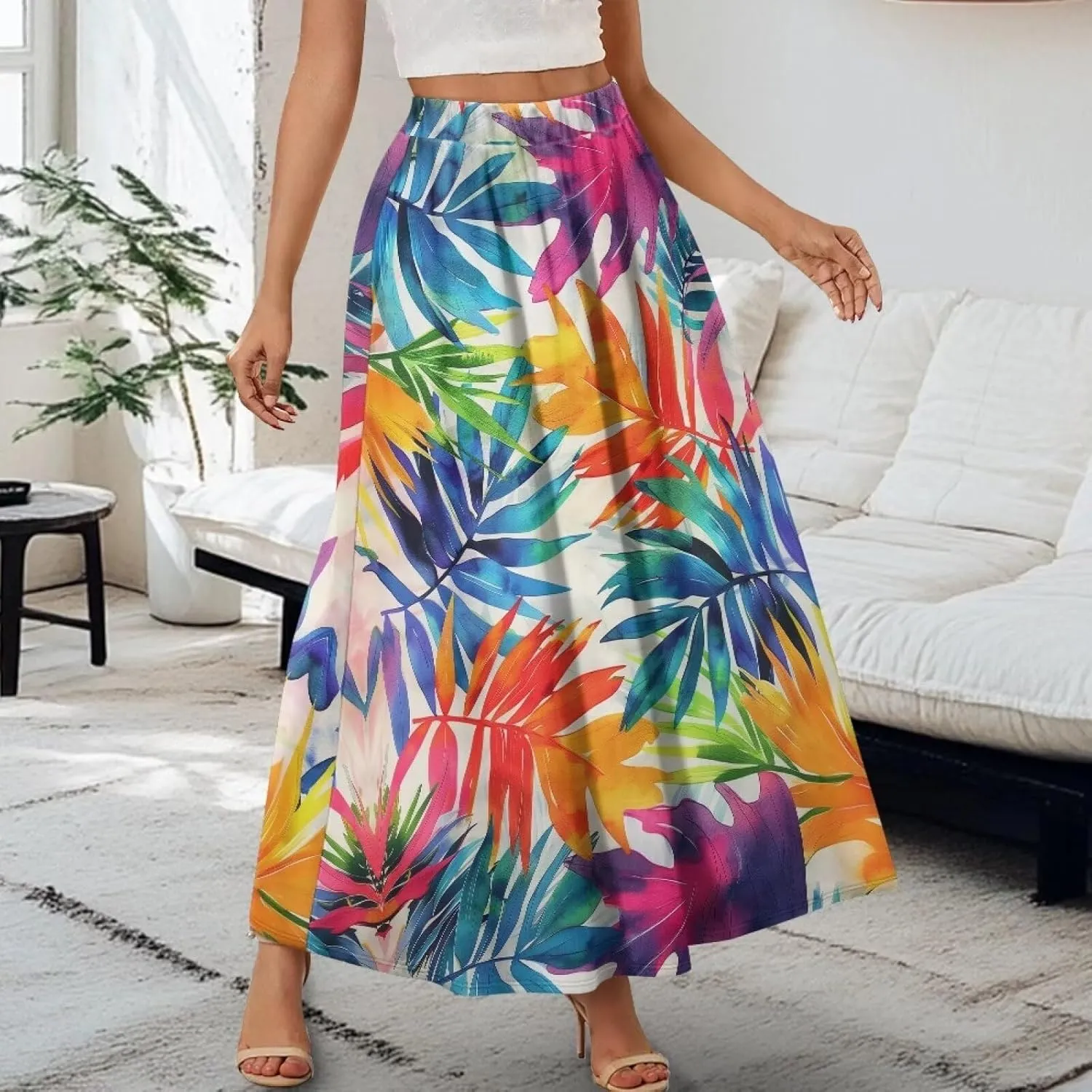 Women High Waist Skirts A-Line Flowy Swing Midi Long Skirt with Pockets for Beach Holiday Travel Size S-2XL