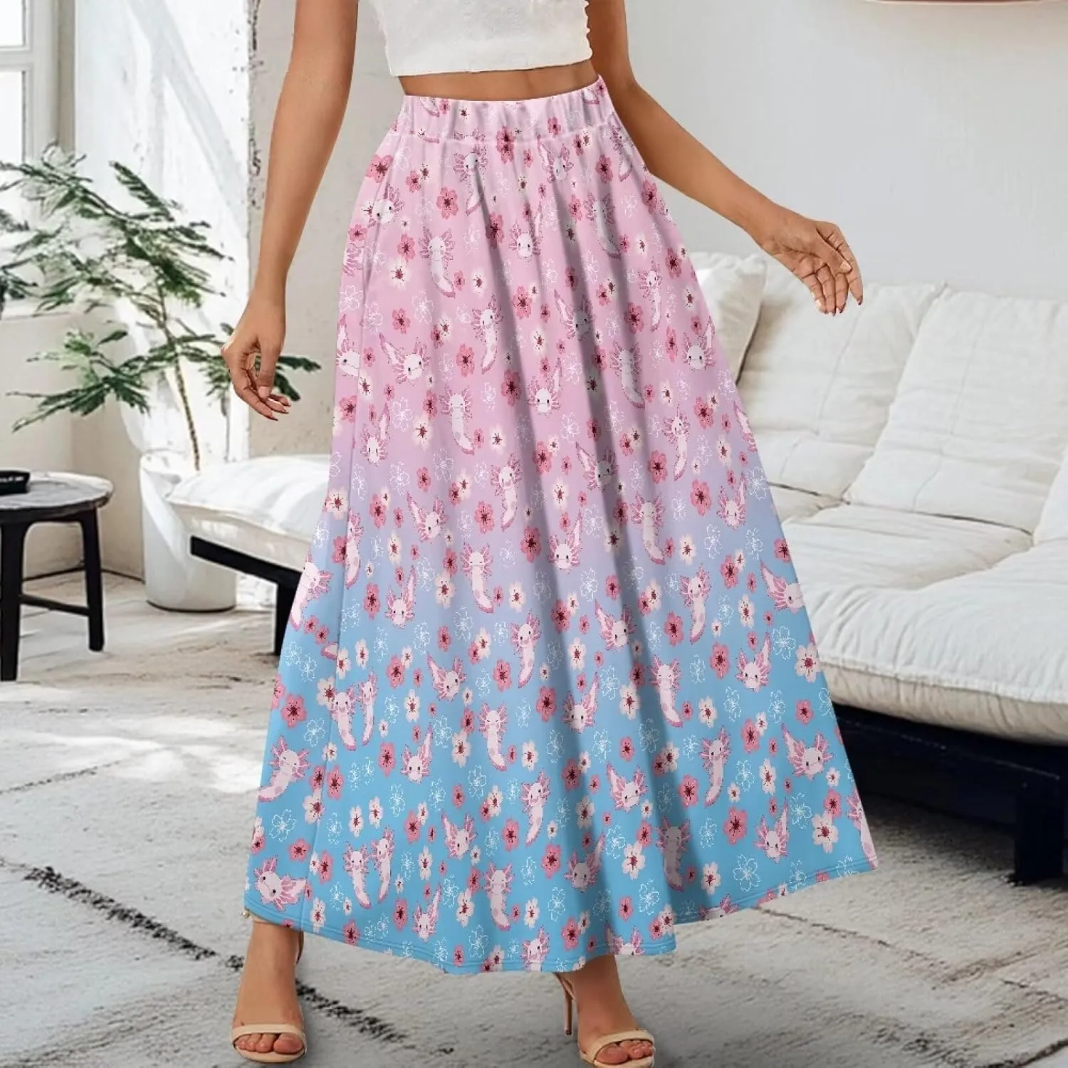 Women High Waist Skirts A-Line Flowy Swing Midi Long Skirt with Pockets for Beach Holiday Travel Size S-2XL