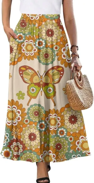 Women High Waist Skirts A-Line Flowy Swing Midi Long Skirt with Pockets for Beach Holiday Travel Size S-2XL