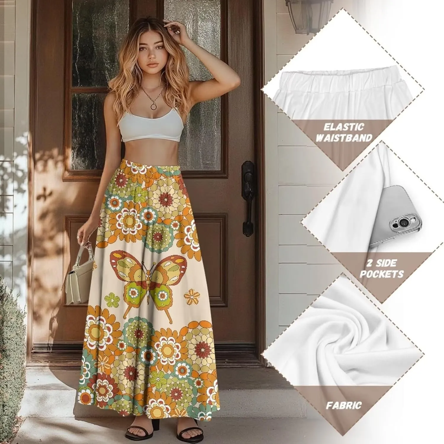 Women High Waist Skirts A-Line Flowy Swing Midi Long Skirt with Pockets for Beach Holiday Travel Size S-2XL