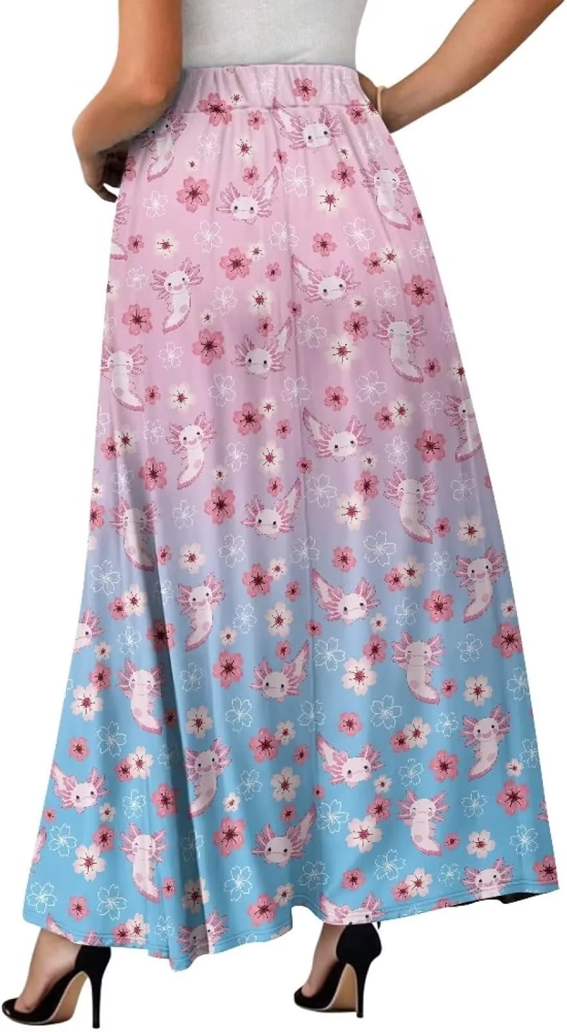 Women High Waist Skirts A-Line Flowy Swing Midi Long Skirt with Pockets for Beach Holiday Travel Size S-2XL