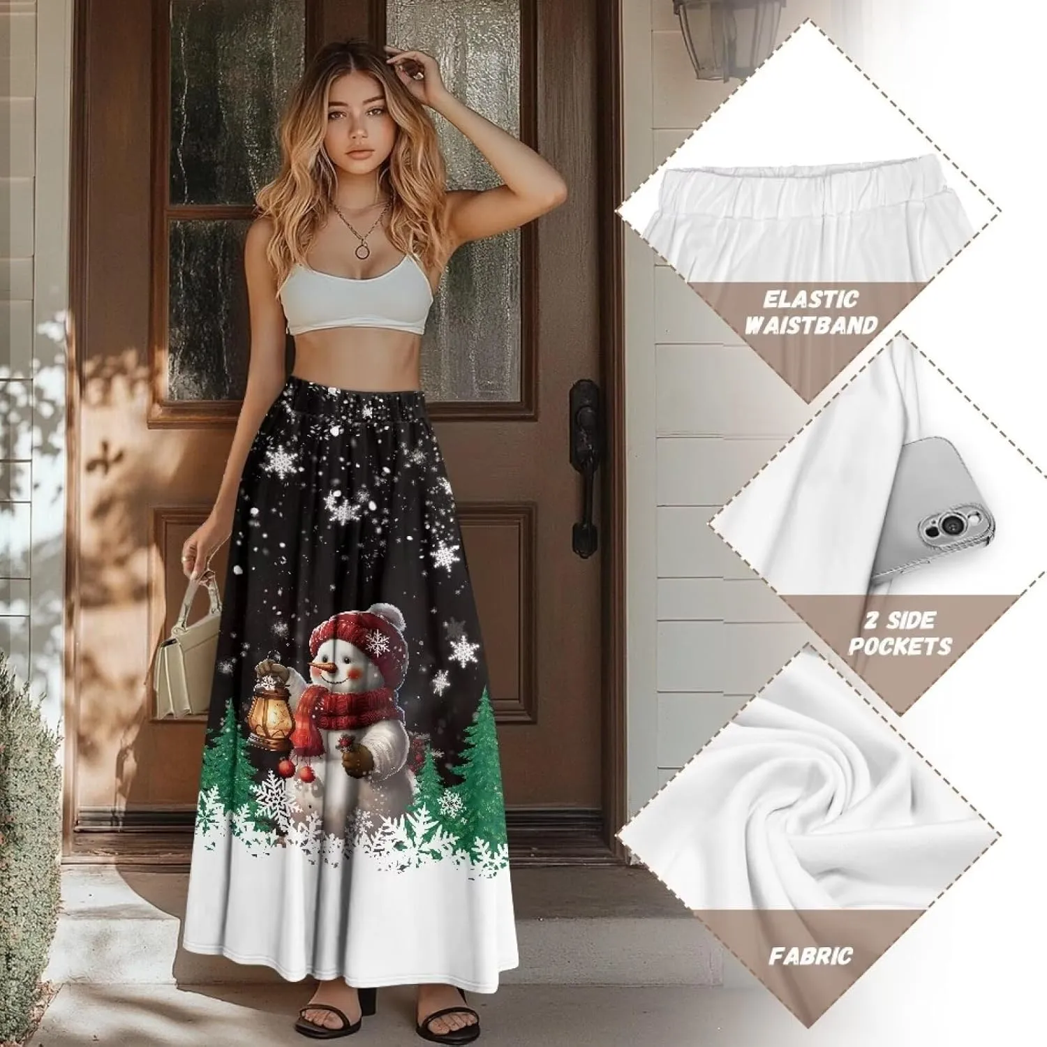 Women High Waist Skirts A-Line Flowy Swing Midi Long Skirt with Pockets for Beach Holiday Travel Size S-2XL