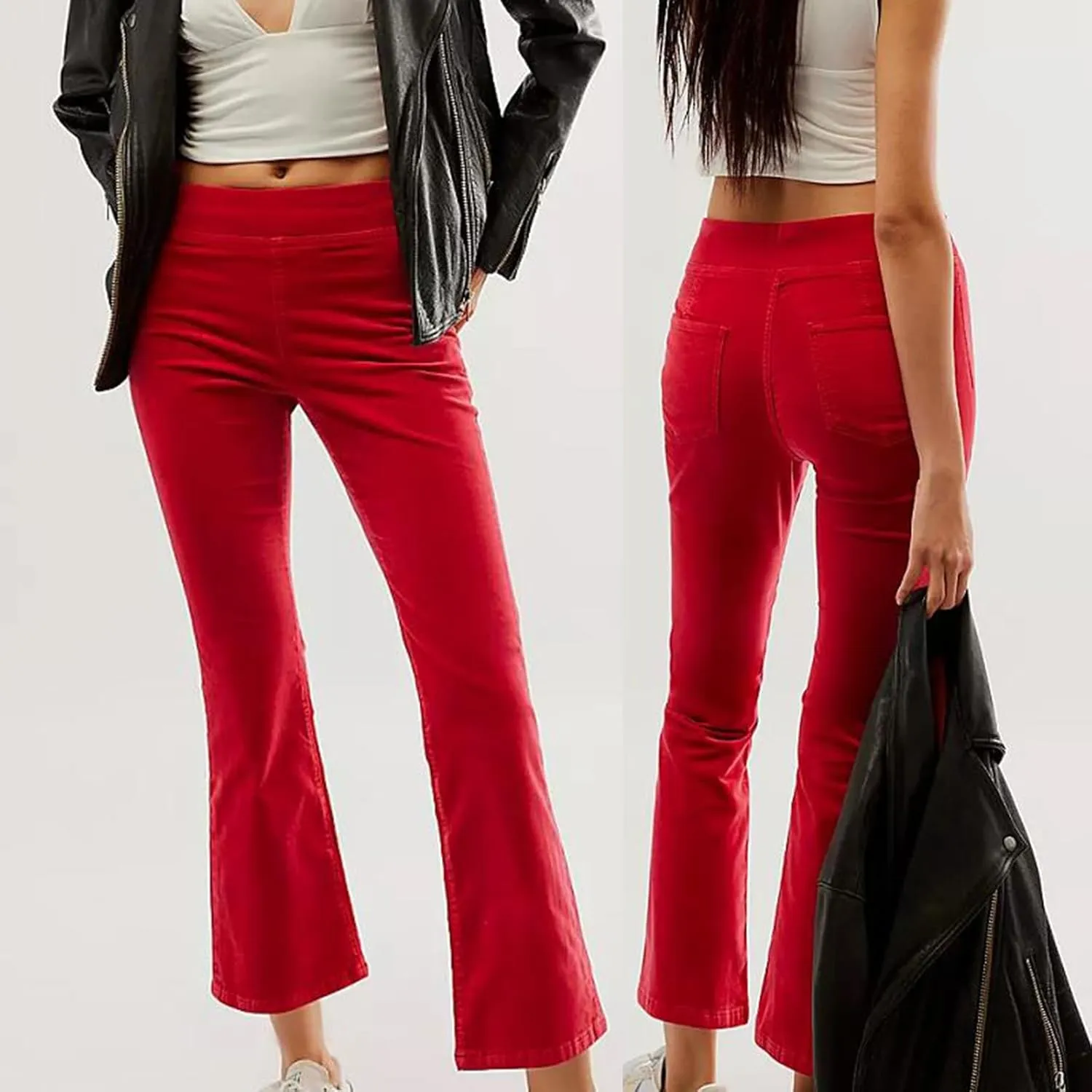 Women High Waist Velvet Flared Pants Y2k Vintage Slim Fit Palazzo Ribbed Bell Bottoms Trousers Cropped Pants
