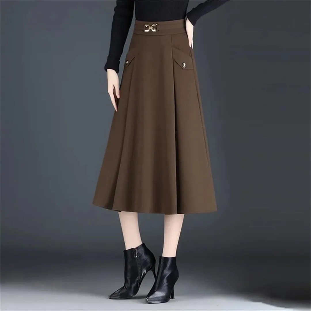Women High Waisted A-Line Skirt Split Joint Pleated Midi Skirt