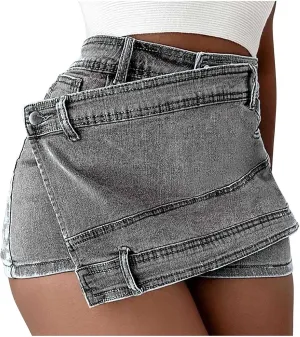 Women High Waisted Jeans Pencil Bodycon Short Cargo Denim Skirt Fashion Y2K Teen Girls Stretch Button A-Line Mini Skirt