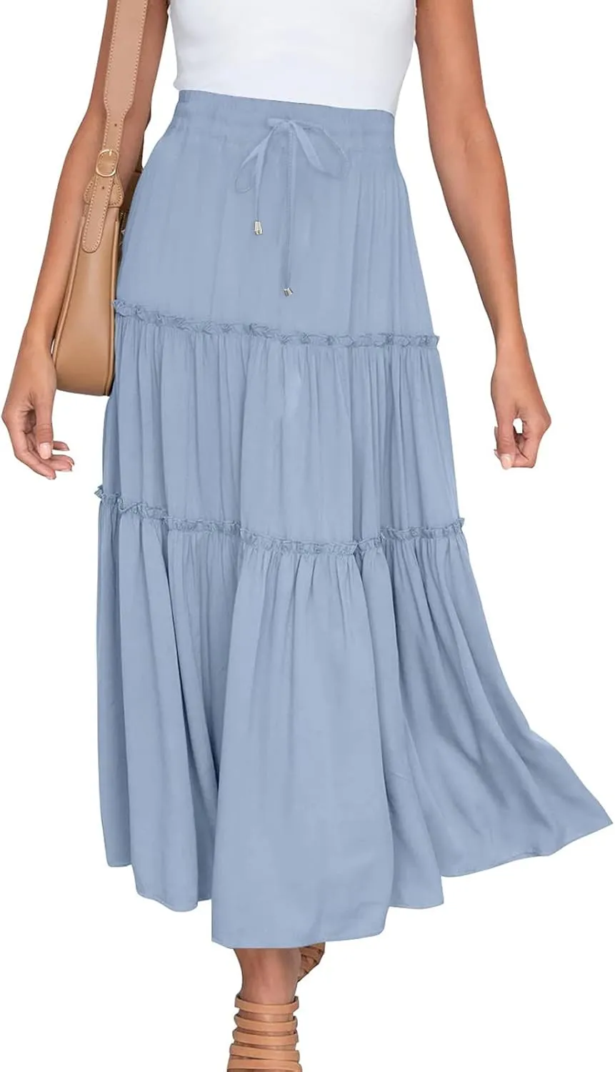 Women High Waisted Maxi Skirt A-Line Pleated Midi Length Flowy Casual Long Skirts Business Work Skirts with Pockets