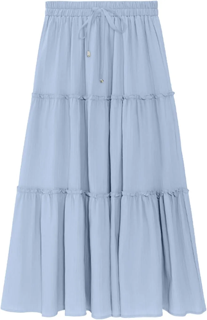 Women High Waisted Maxi Skirt A-Line Pleated Midi Length Flowy Casual Long Skirts Business Work Skirts with Pockets