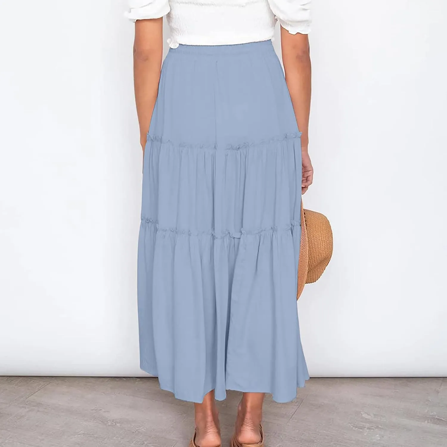 Women High Waisted Maxi Skirt A-Line Pleated Midi Length Flowy Casual Long Skirts Business Work Skirts with Pockets