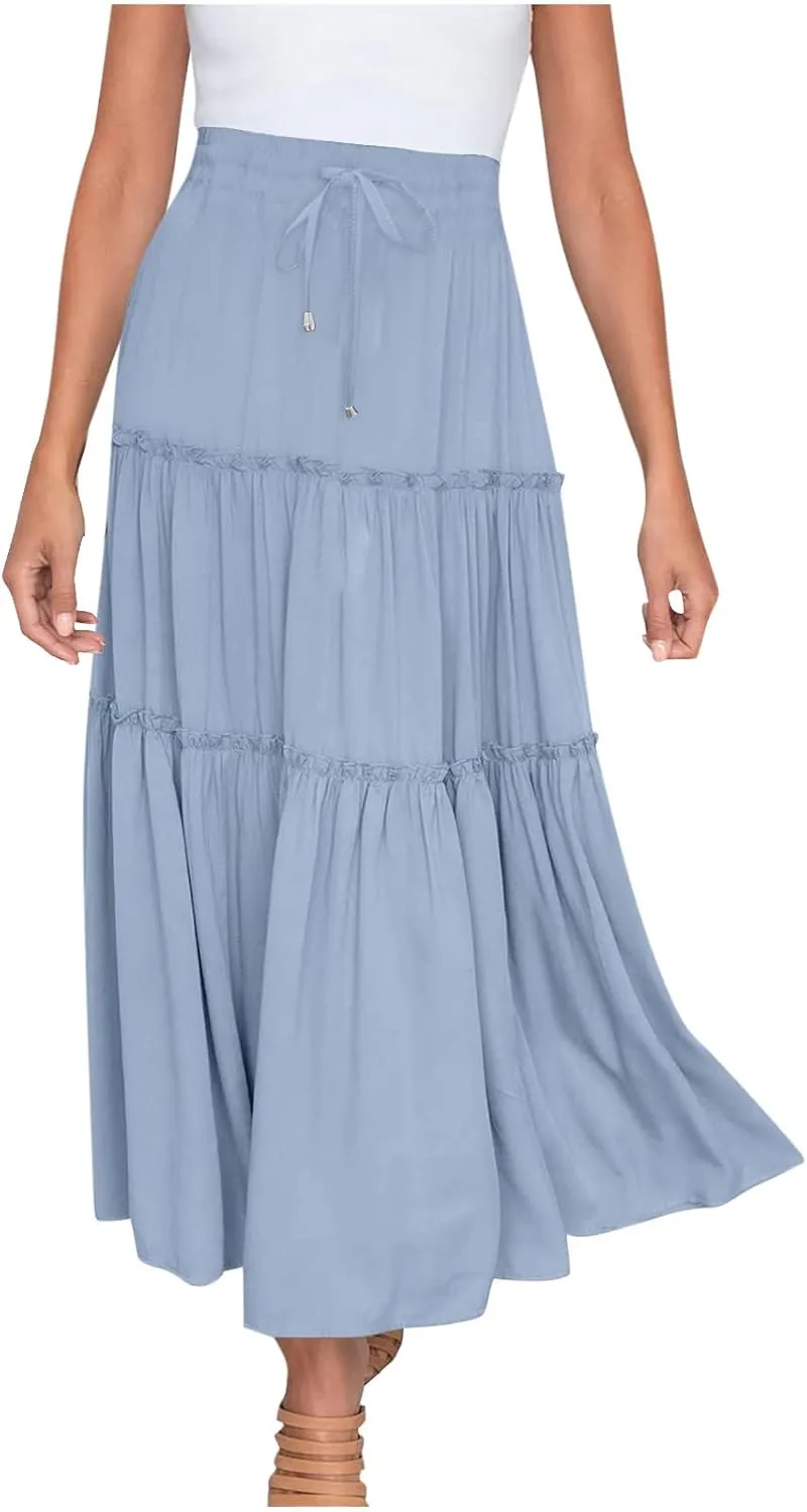 Women High Waisted Maxi Skirt A-Line Pleated Midi Length Flowy Casual Long Skirts Business Work Skirts with Pockets